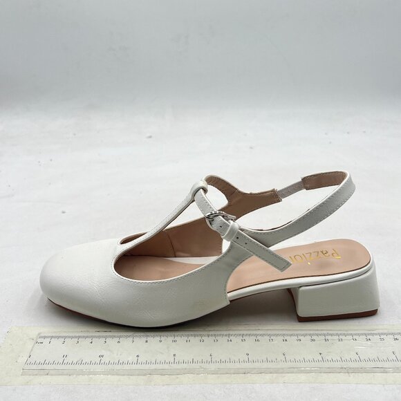 Pazzion White Stylish Low Chunky Heel Slingback T-Strap Buckle Square Toe Pumps - Picture 2 of 8